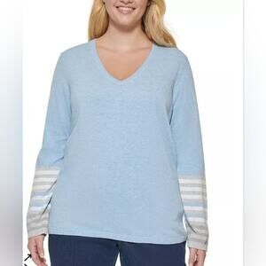 TOMMY HILFIGER 3X PLUS SWEATER STRIPED SLEEVE V-NECK